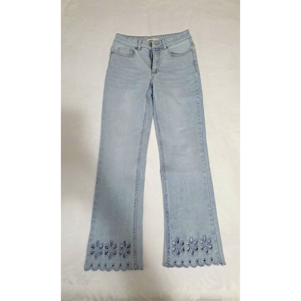 OAT New York Women’s Light Wash Flared Denim Jeans Eyelet Floral Hem Sz 0